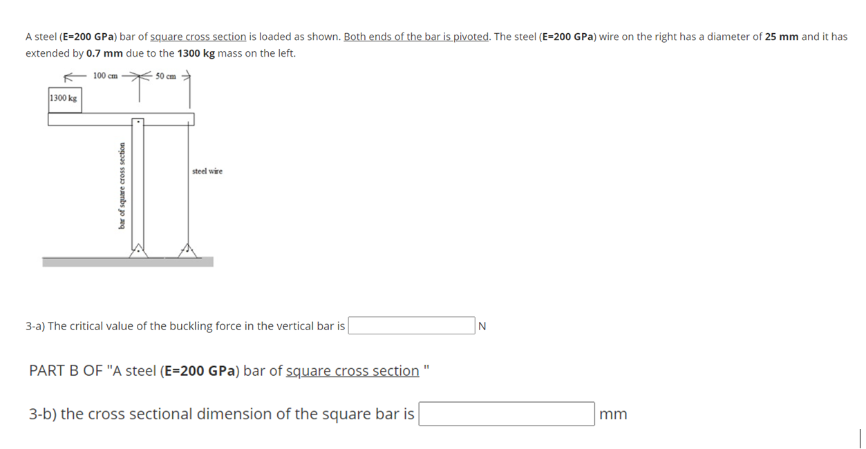 Solved A steel (E=200 GPa) bar of square cross section is