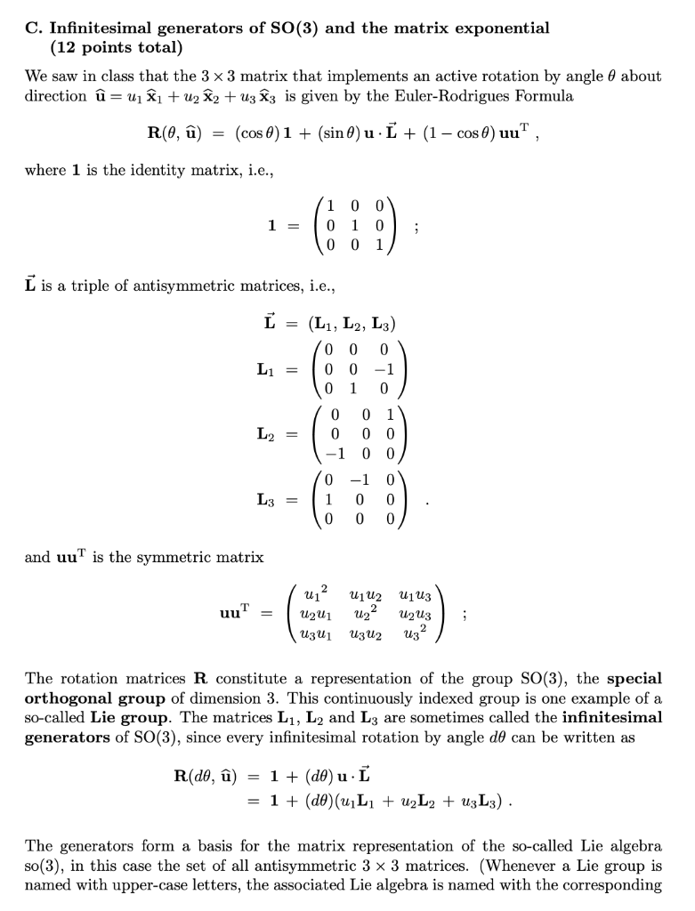 Solved C Infinitesimal Generators Of So 3 And The Matri Chegg Com
