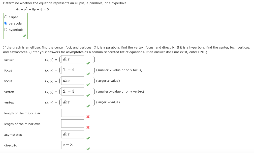 Determine whether the equation represents an ellipse, a parabola, or a hyperbola.
\[
4 x+y^{2}+8 y+8=0
\]
ellipse
parabola
hy