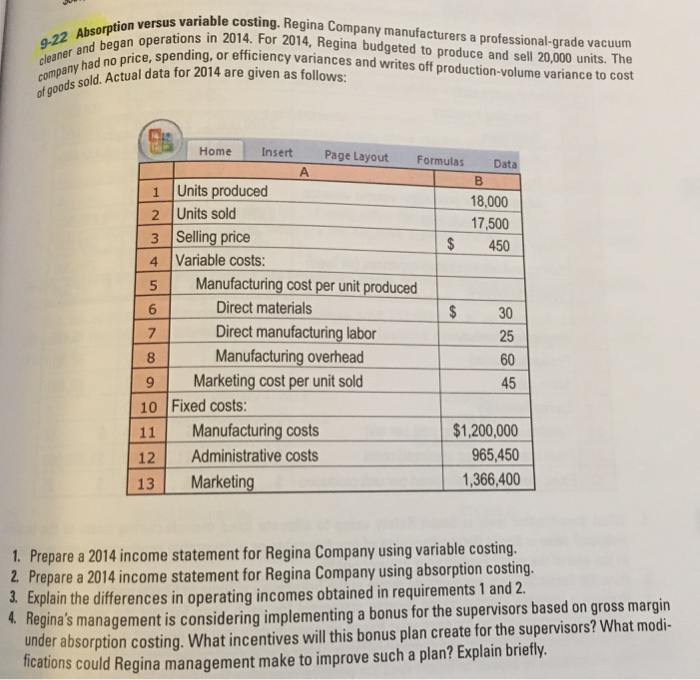 Solved absorption versus variable costing regina company chegg
