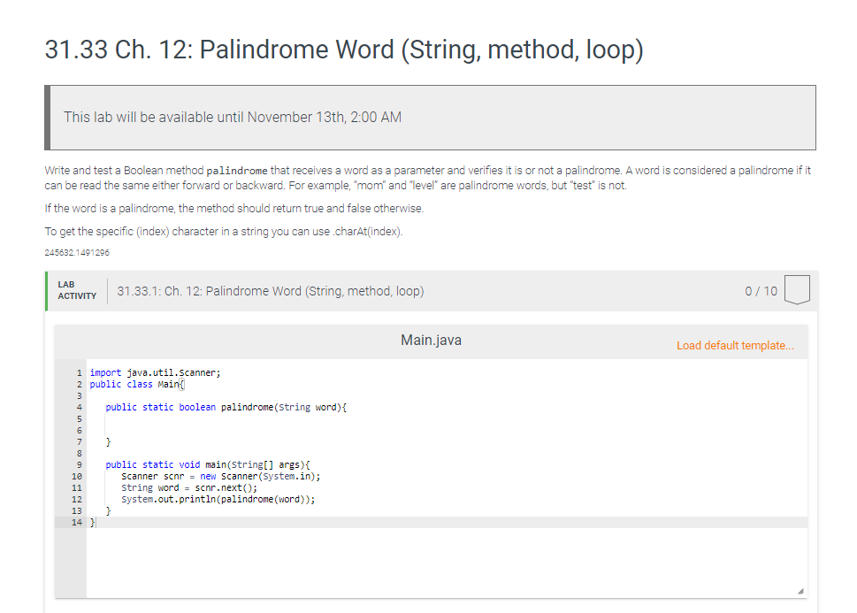 Solved 31.33 Ch. 12: Palindrome Word (String, method, loop) | Chegg.com