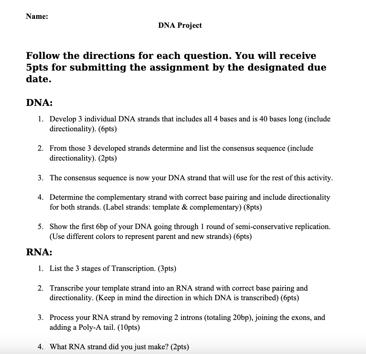 Solved DNA ProjectFollow the directions for each question. | Chegg.com
