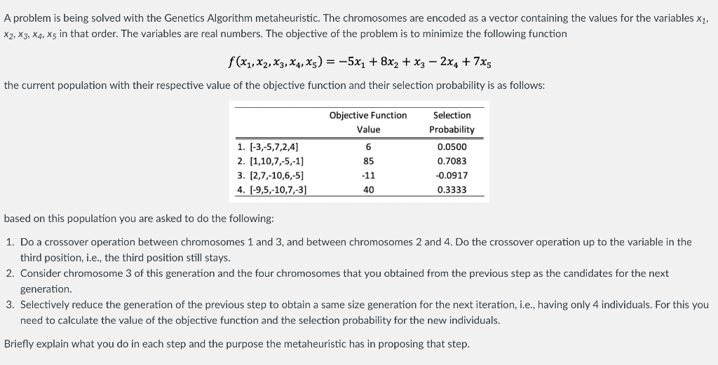 Solved A problem is being solved with the Genetics Algorithm | Chegg.com
