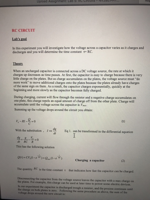 Solved upload assignment lab 5 rc circuits nv260 ph rc chegg