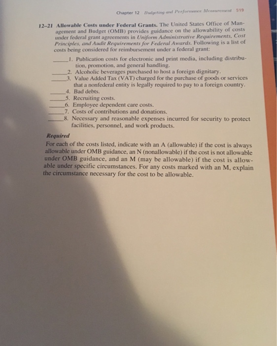 Uniform Guidance Allowable Costs Chart