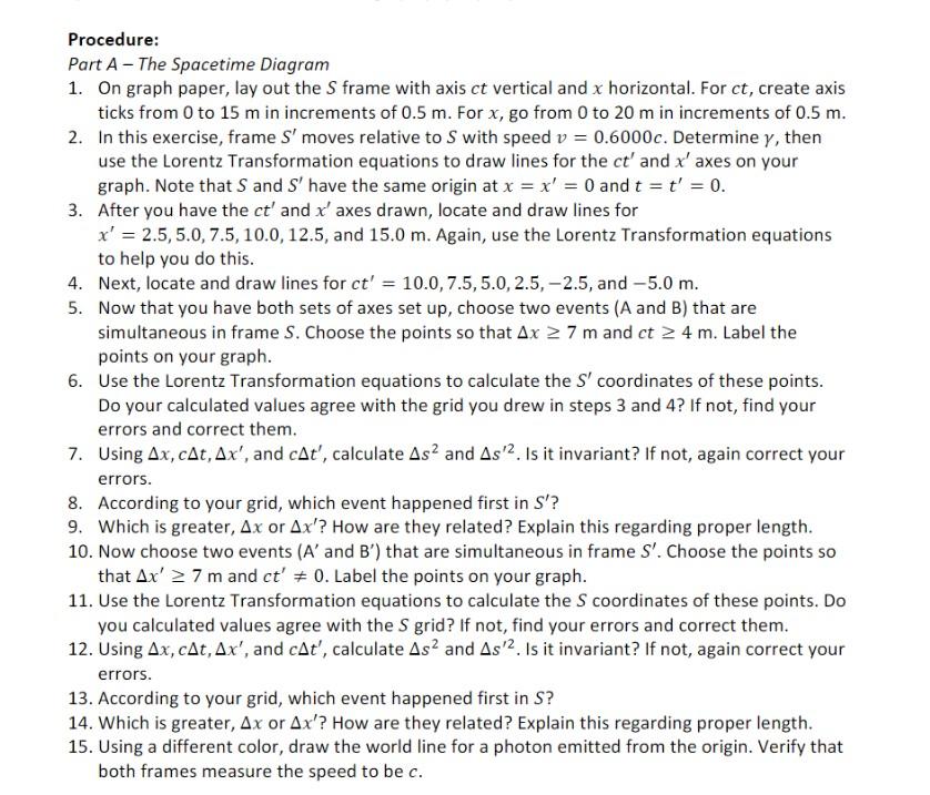 Solved Procedure: Part A - The Spacetime Diagram 1. On graph | Chegg.com