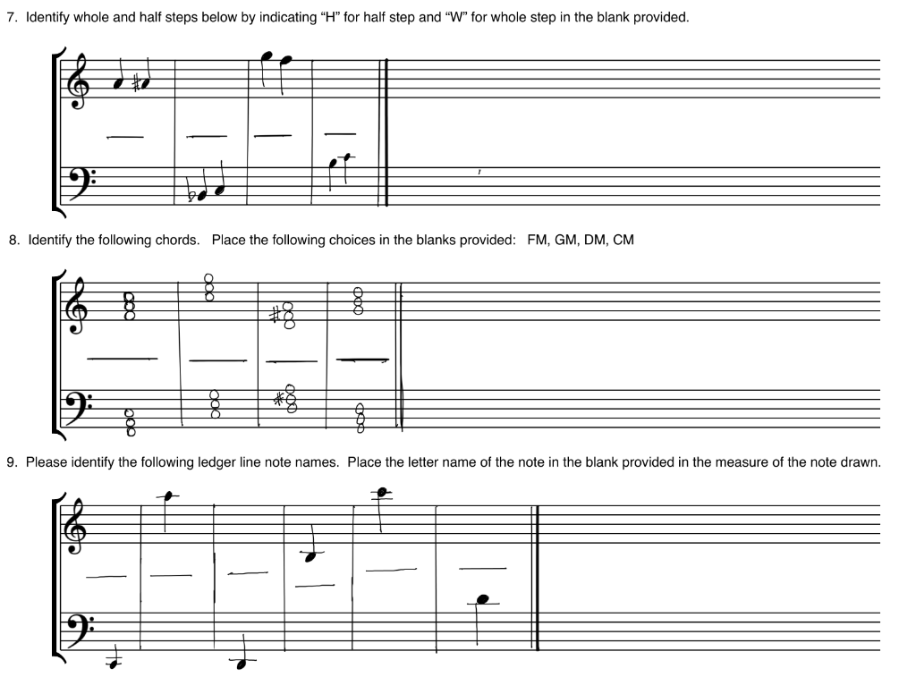 7. Identify whole and half steps below by indicating