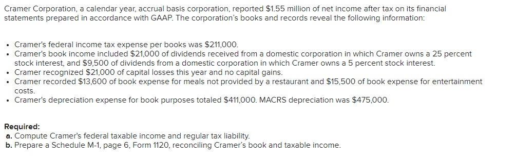 Cramer Corporation, a calendar year, accrual basis | Chegg.com