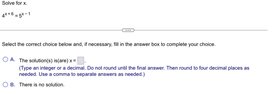 Solved Solve for x. 4x+6=5x−1 Select the correct choice | Chegg.com