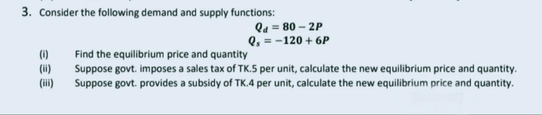 Solved 3. Consider the following demand and supply | Chegg.com