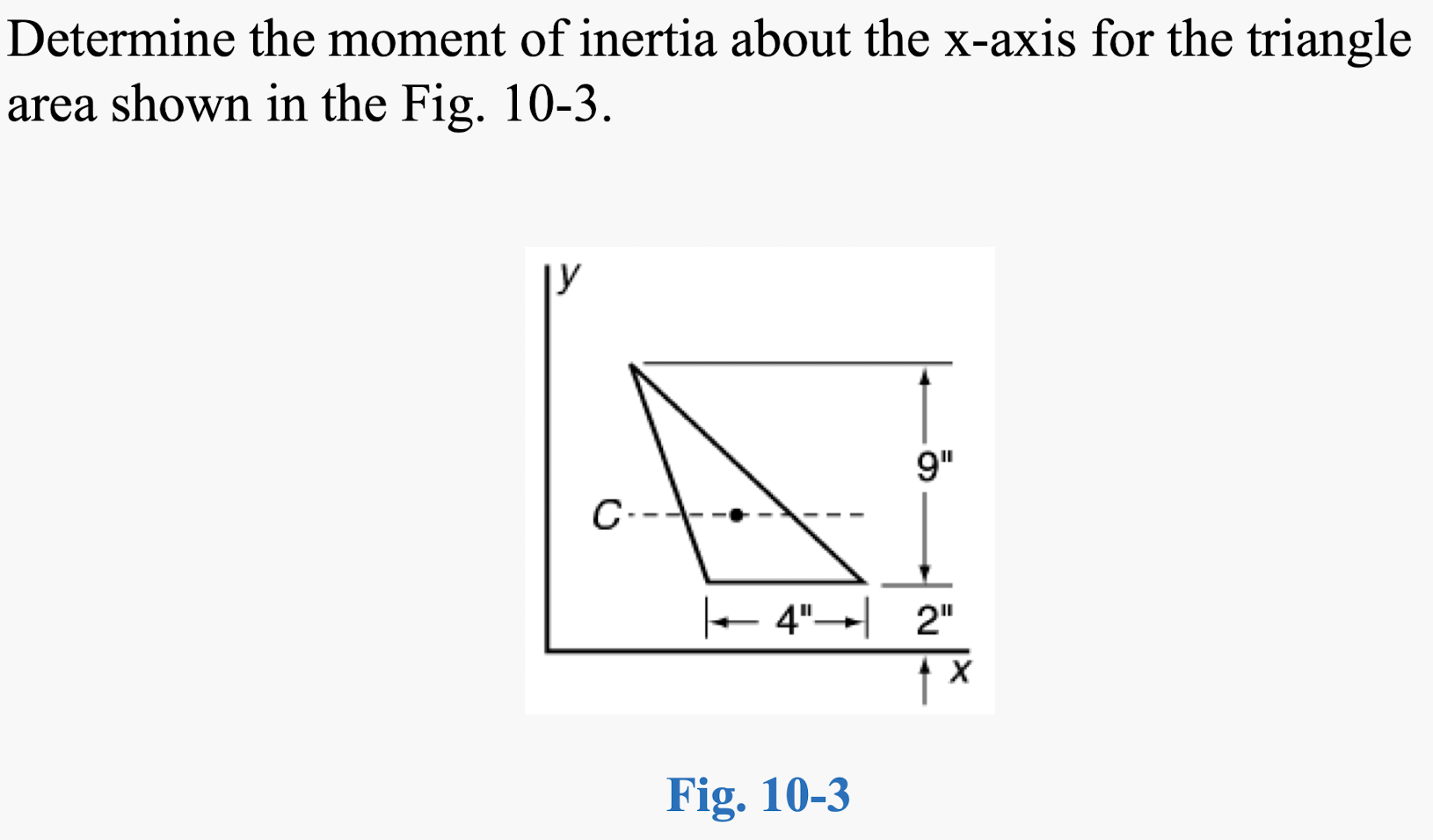 Determine the moment of inertia about the \( \mathrm{x} \)-axis for the triangle area shown in the Fig. 10-3.
Fig. 10-3