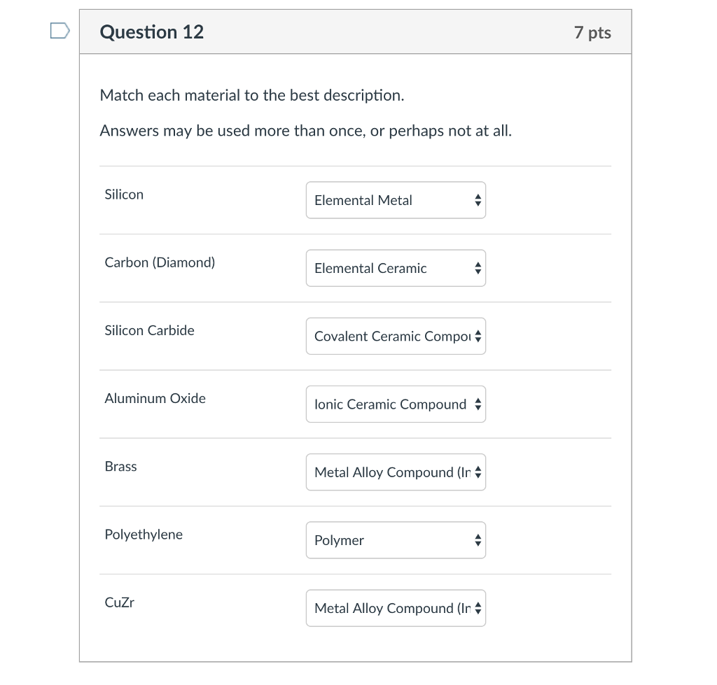 Solved D Question 12 7 pts Match each material to the best | Chegg.com