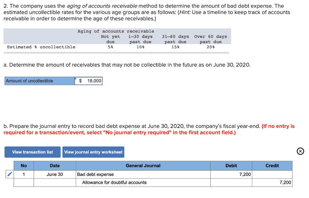 2. the company uses the aging of accounts receivable method to determine the amount of bad debt expense. the estimated uncoll