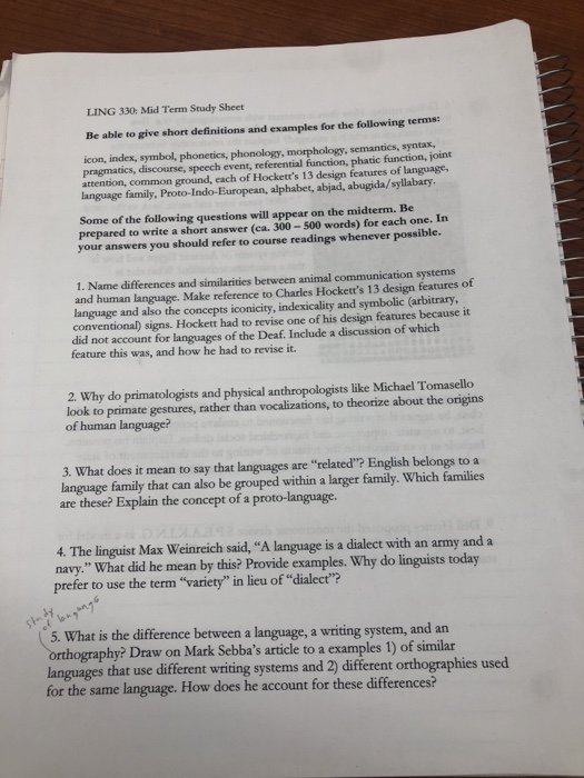Solved LING 330: Mid Term Study Sheet Be able to give short | Chegg.com