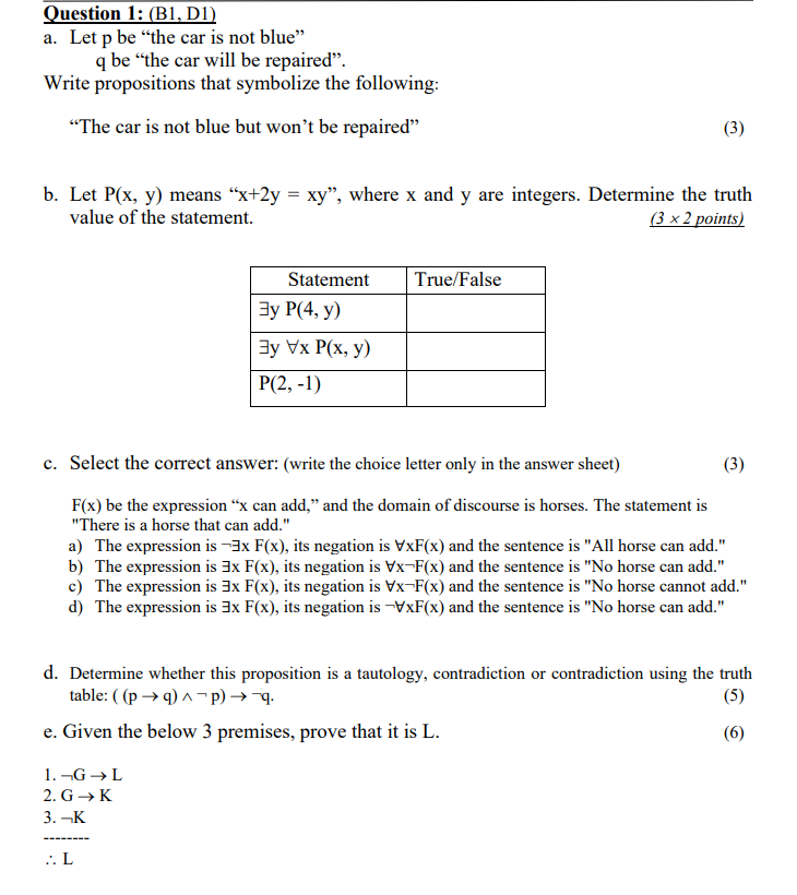 Solved Question 1 B1 D1 A Let P Be The Car Is Not B Chegg Com