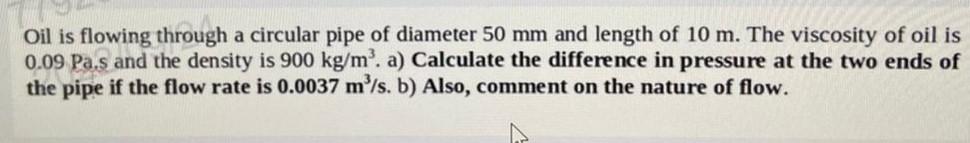 Solved Oil is flowing through a circular pipe of diameter 50 | Chegg.com