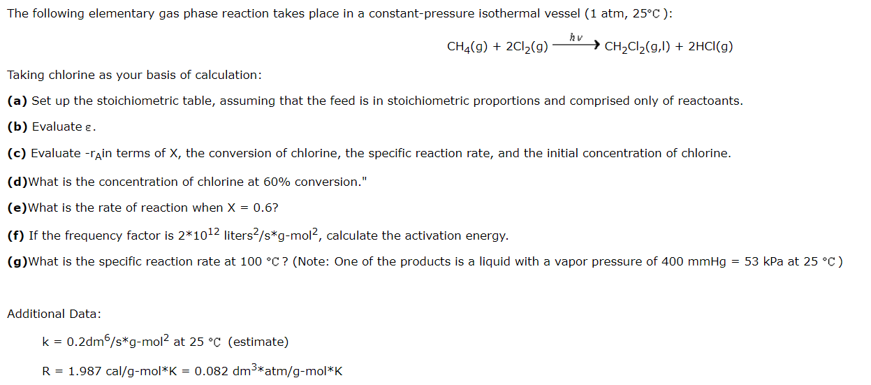 Solved The Following Elementary Gas Phase Reaction Takes 