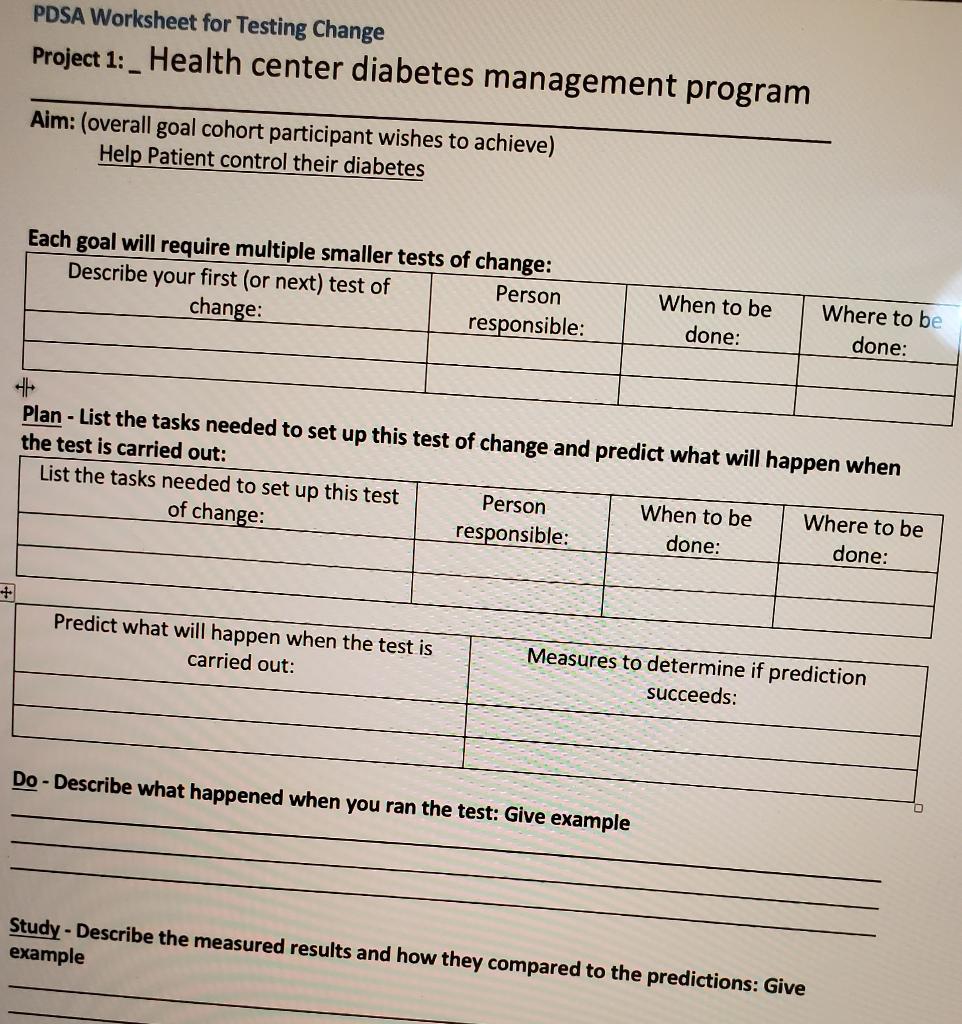 Solved PDSA Worksheet for Testing Change Project 1: _Health | Chegg.com