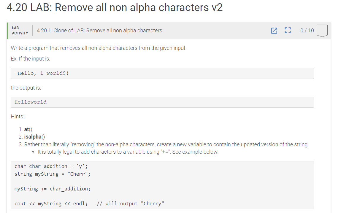 Solved 4.20 LAB: Remove all non alpha characters v2LAB | Chegg.com