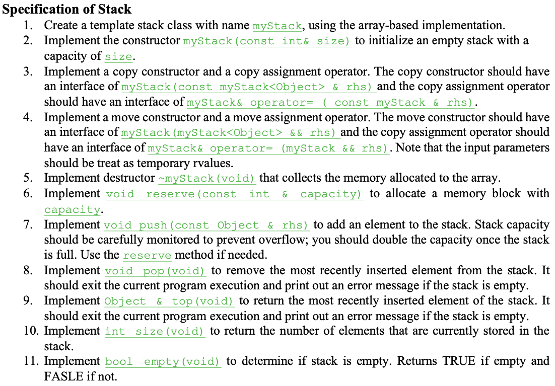 Solved Specification of Stack 1. Create a template stack | Chegg.com