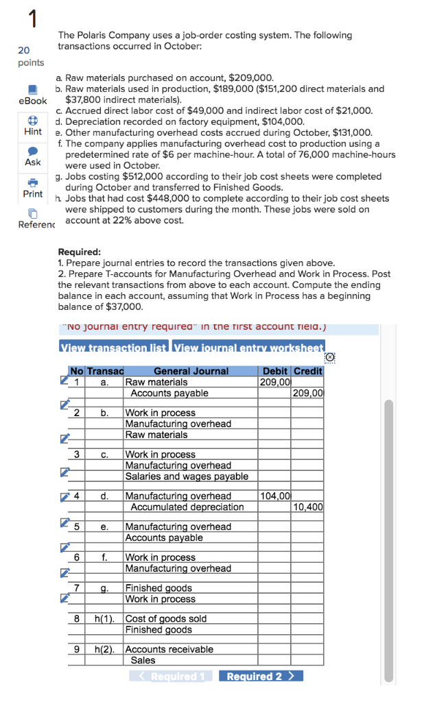 Solved The Polaris Company uses a joborder costing system.