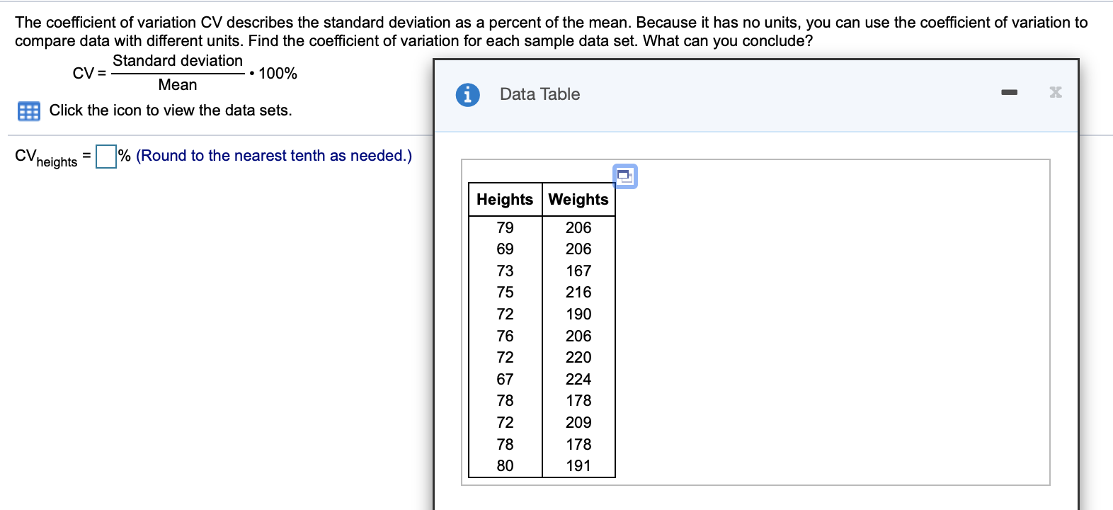Solved The coefficient of variation CV describes the | Chegg.com