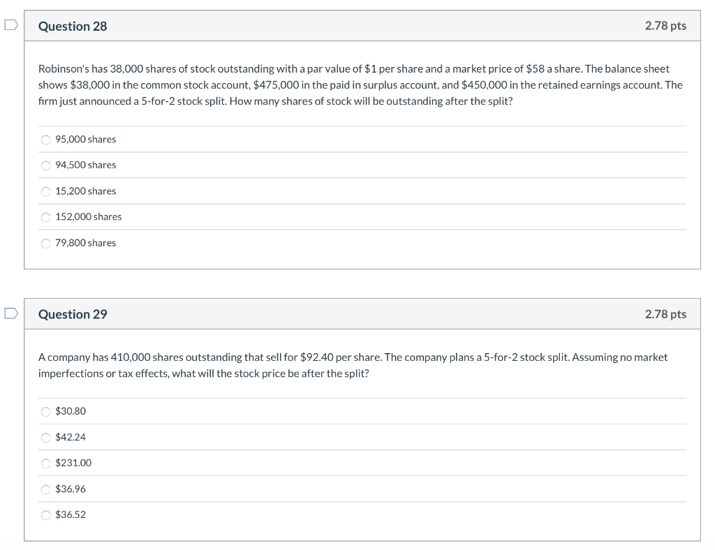 Solved Question 28 2.78 Pts Robinson's Has 38,000 Shares Of | Chegg.com