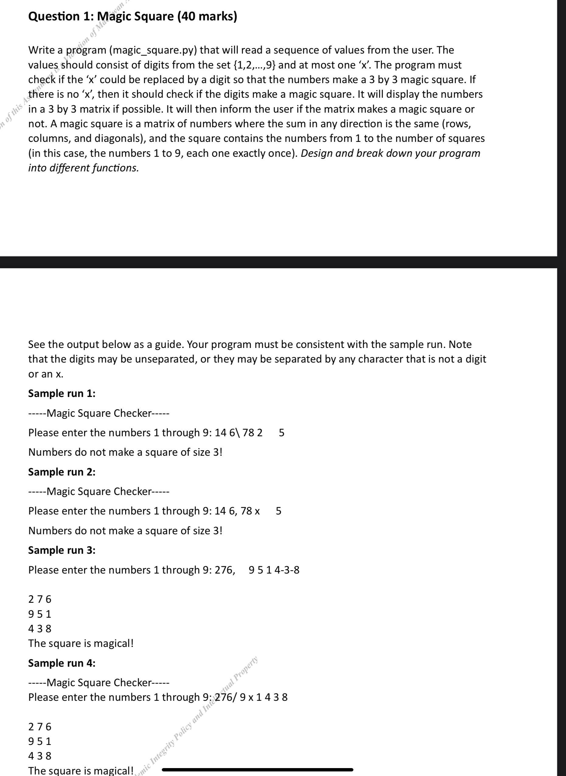 Solved Question 1: Magic Square (40 ﻿marks)Write a program | Chegg.com