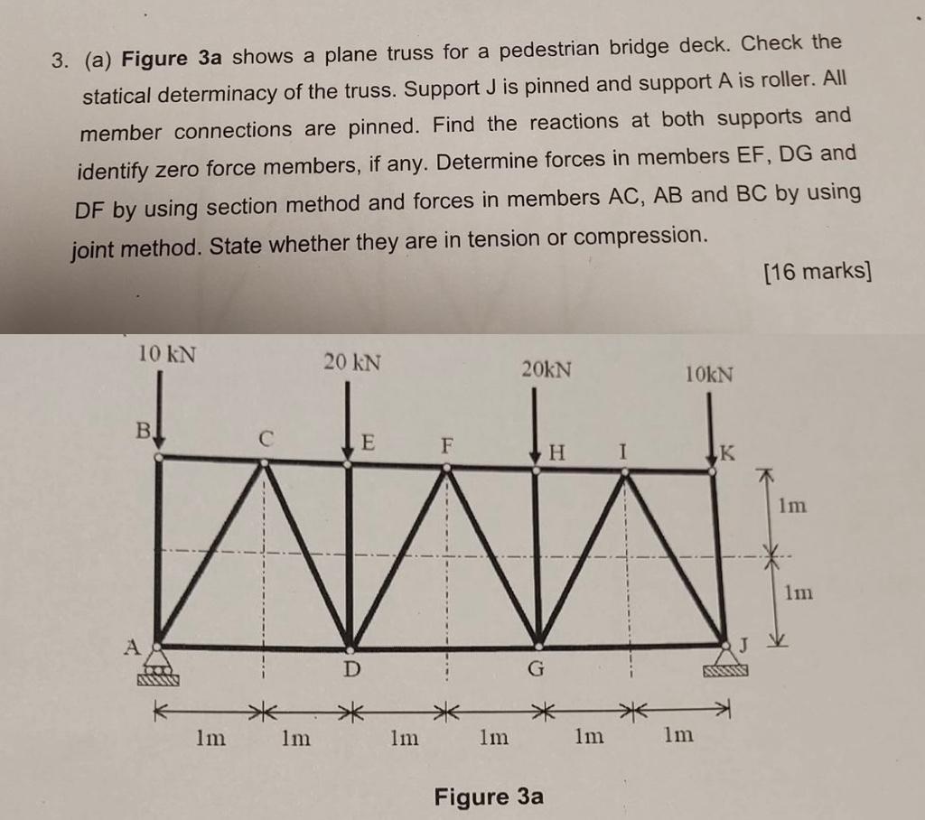 Solved 3. (a) Figure 3a shows a plane truss for a pedestrian | Chegg.com