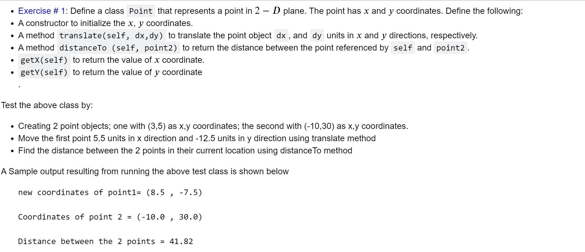 Solved • Exercise # 1: Define a class Point that represents | Chegg.com