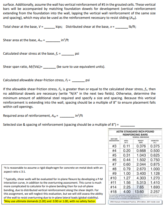 Task #4. Evaluate In-plane Flexure And Shear Friction | Chegg.com