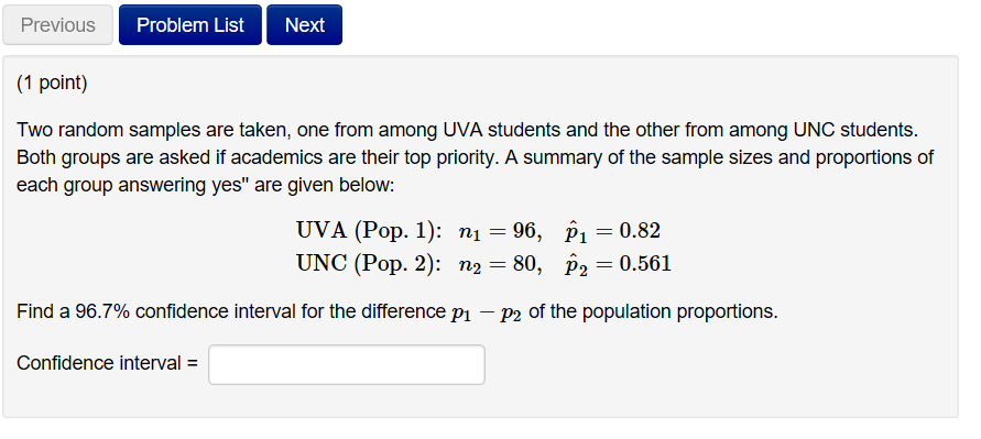 Solved Problem List Next 1 point) Two random samples are | Chegg.com