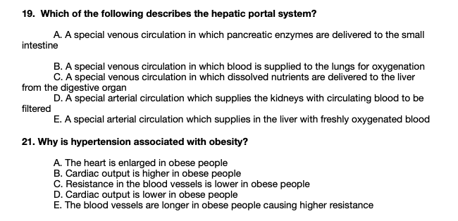 Solved 19. Which of the following describes the hepatic | Chegg.com