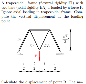 A trapezoidal, frame (flexural rigidity EI) with two bars (axial rigidity EA) is loaded by a force \( \mathrm{F} \). Ignore a