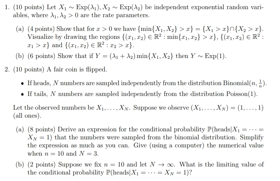 Solved (10 points) Let x1∼Exp(λ1),x2∼Exp(λ2) be | Chegg.com