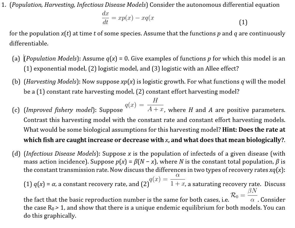 1 Population Harvesting Infectious Disease Mod Chegg Com