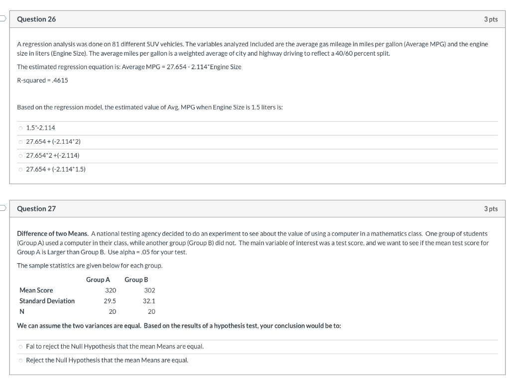Solved Question 26 3 pts A regression analysis was done on | Chegg.com