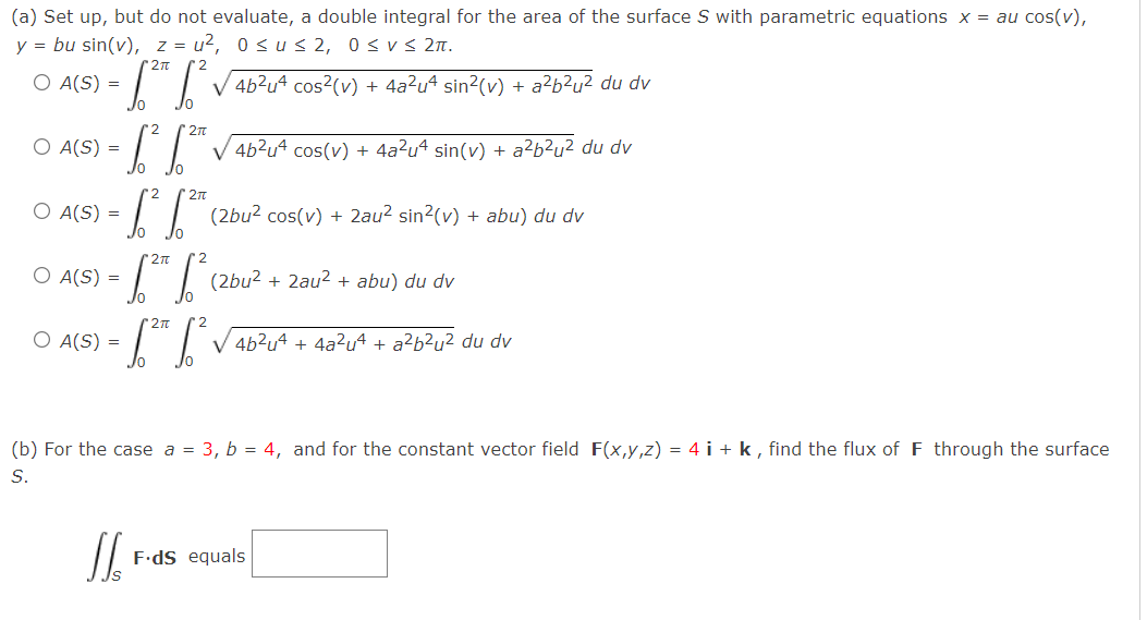 Solved (a) Set up, but do not evaluate, a double integral | Chegg.com