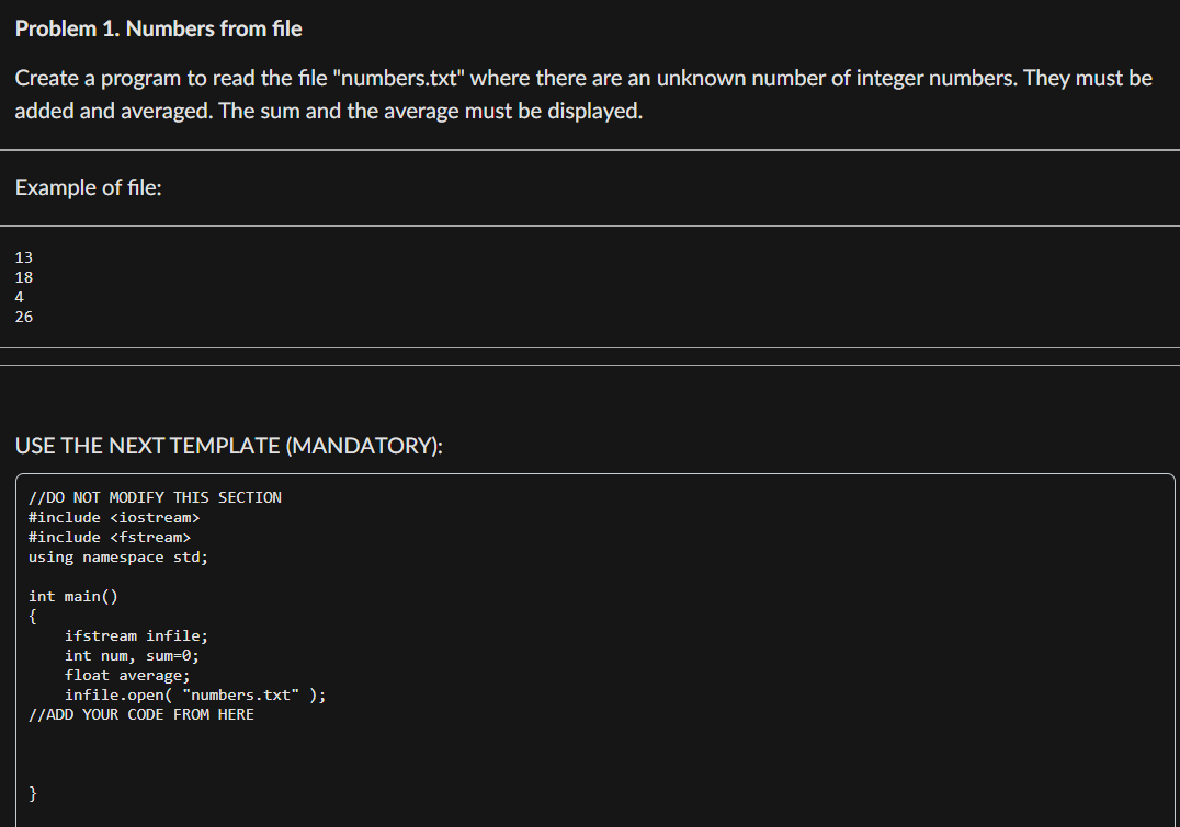 Solved CODING IN C++Problem 1. Numbers from file Create a | Chegg.com
