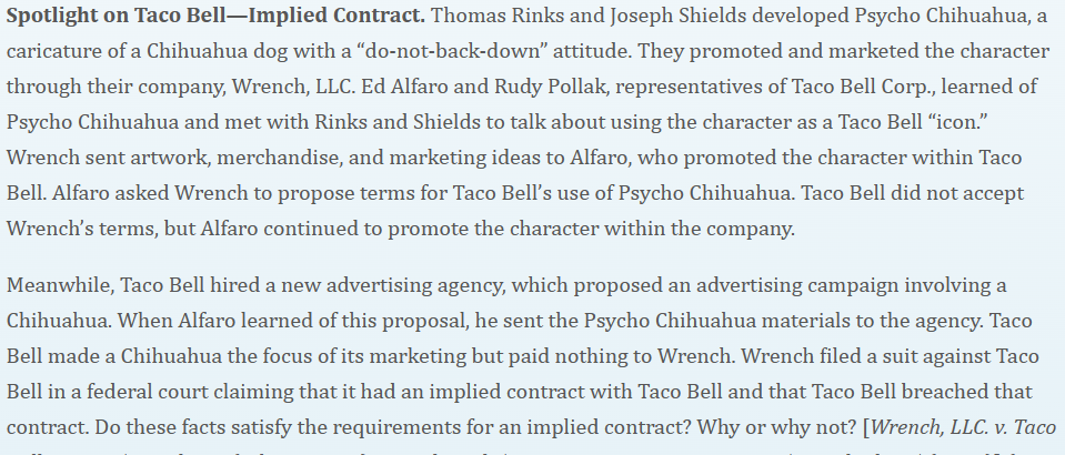 Spotlight on Taco Bell-Implied Contract. Thomas Rinks and Joseph Shields developed Psycho Chihuahua, a caricature of a Chihua