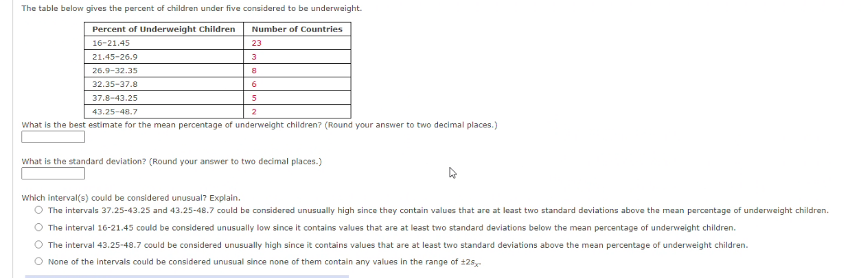 Solved The table below gives the percent of children under | Chegg.com