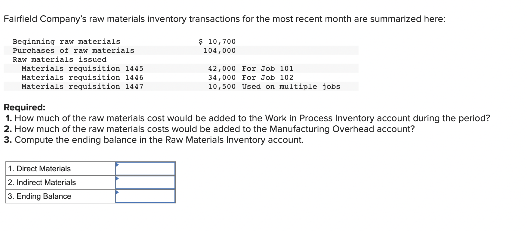 Solved Fairfield Company's raw materials inventory | Chegg.com