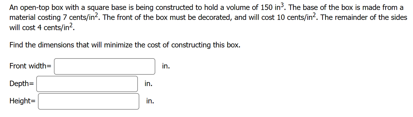 volume of box with square base and open top