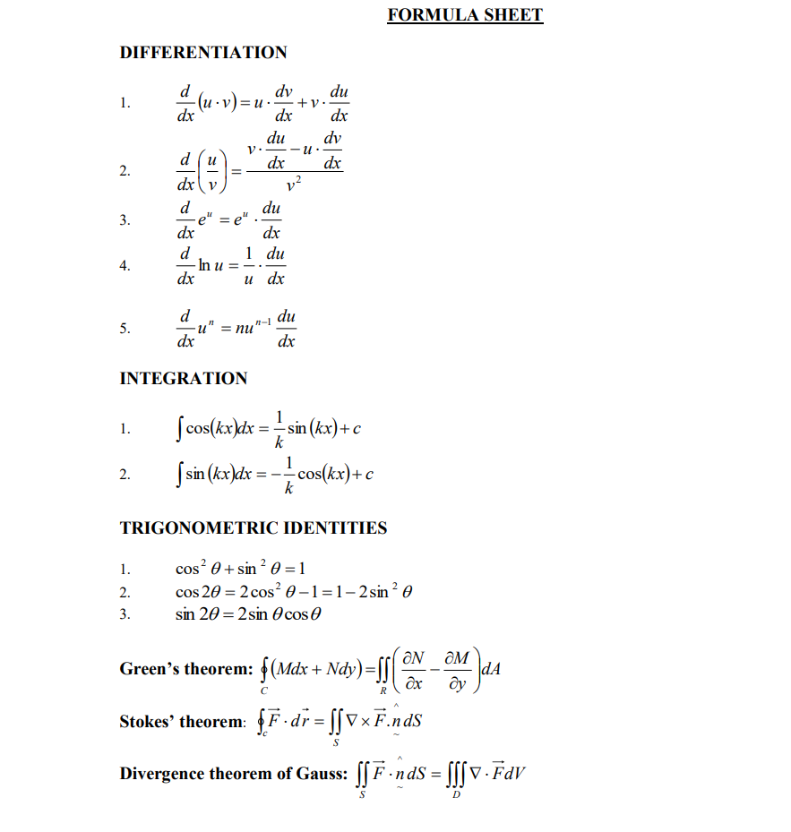 FORMULA SHEET DIFFERENTIATION 1. | Chegg.com