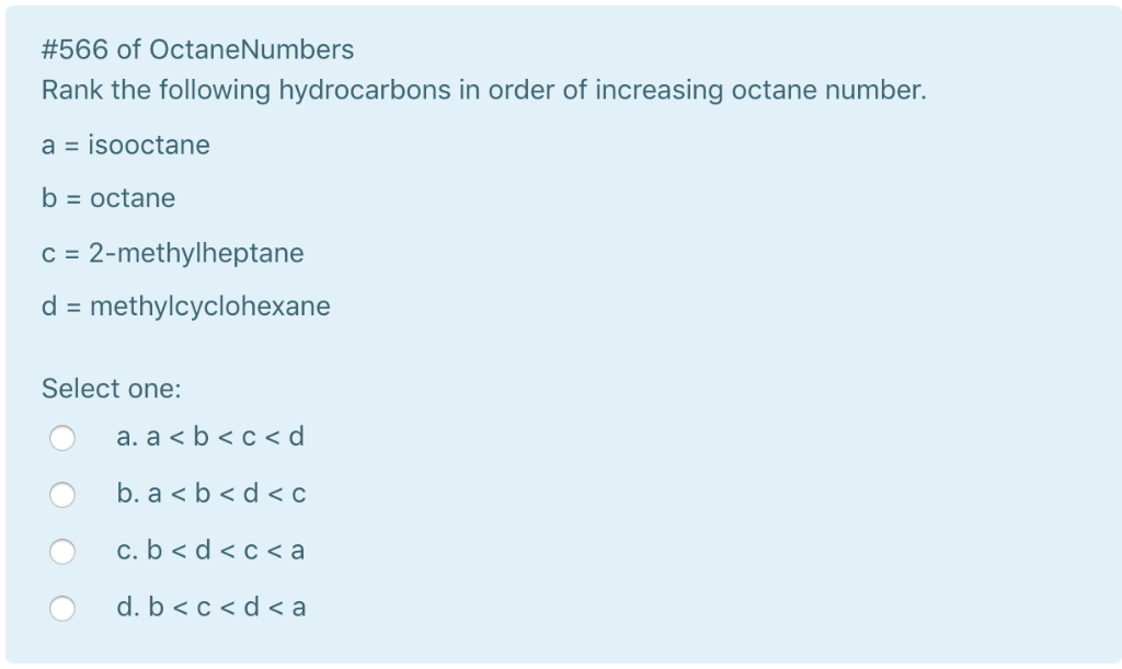 Solved #566 Of OctaneNumbers Rank The Following Hydrocarbons | Chegg.com