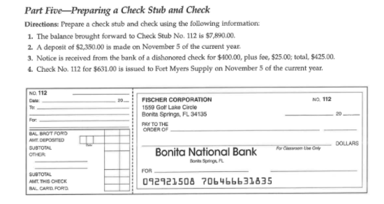 Solved Part Five—Preparing a Check Stub and Check | Chegg.com
