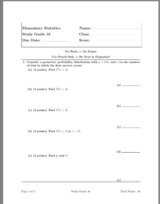 Solved Elementary Statistics Study Guide 16 Due Date: Name: | Chegg.com