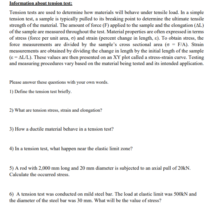 Solved Information About Tension Test: Tension Tests Are | Chegg.com