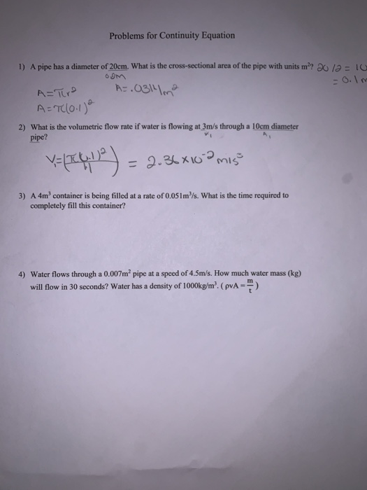 Solved Continuity Equation Mass Flow Rate And Volumetric Chegg