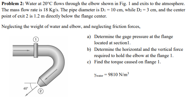 Solved Problem 2: Water at 20°C flows through the elbow | Chegg.com